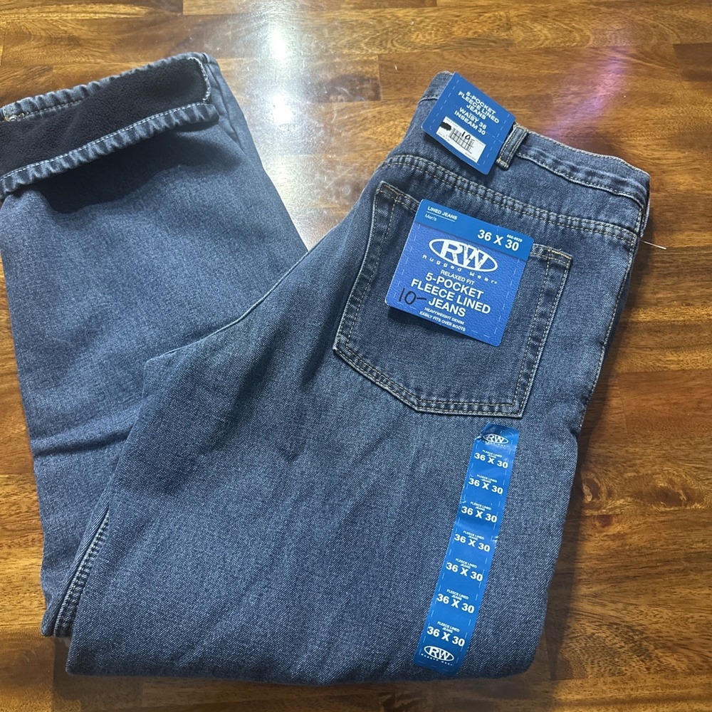 Rugged Wear Jeans Mens 36x30(28.25) Blue Fleece Lined Straight Leg Warm Workwear